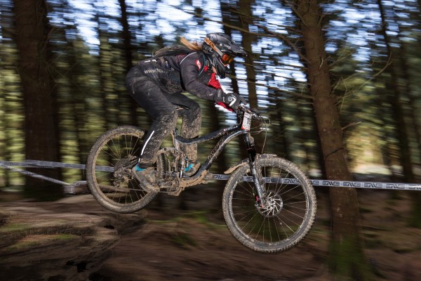 Lindsay in full flow as she tackles the course in Bike Park Wales